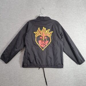 Obey Women Jacket Small Black Windbreaker Burning Flame Heart Graphic Snap